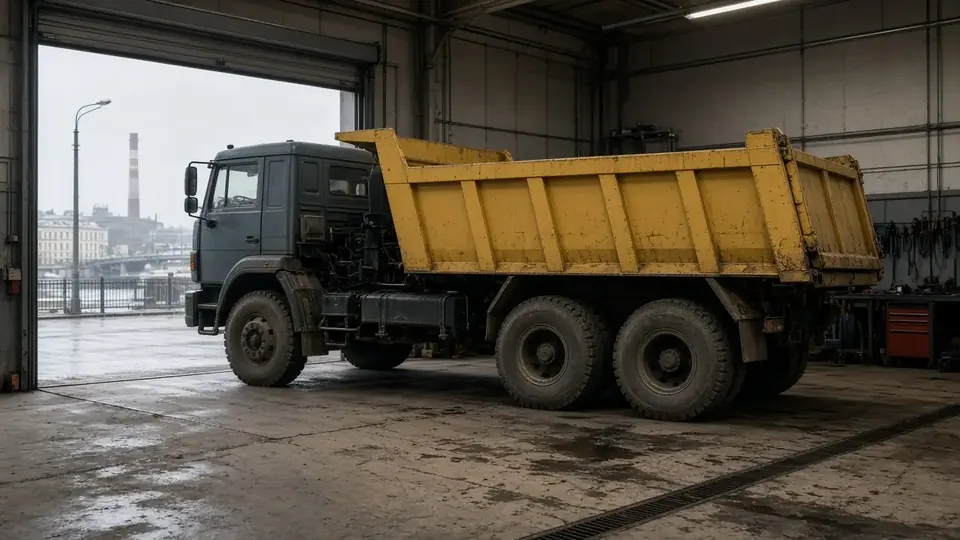 Самосвал у ворот мастерской тахографов в Санкт-Петербурге
